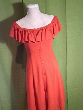 Forever 21 Coral One-Shoulder Ruffle Button-Front Dress, Size M/S